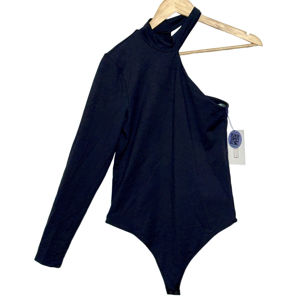 Abercrombie & Fitch Black Nylon Collared Asymmetric Long Sleeve Bodysuit Size M